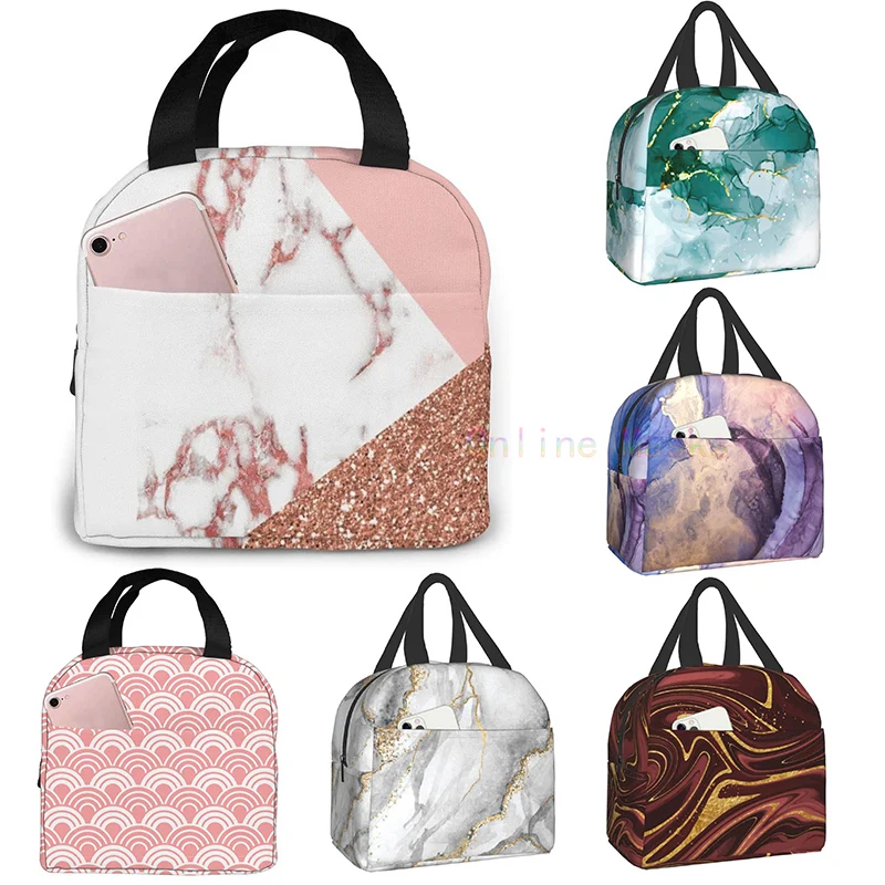 Pink White Marble Glitter Lunch Bag Cooler Bag Women Tote Bag Insulated Lunch Box Thermal Soft Liner Lunch Container