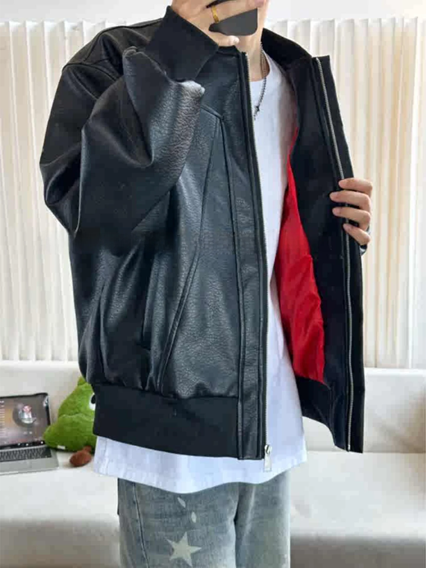 

Мужская куртка-бомбер из искусственной кожи в американском стиле, весенне-осенняя, от бренда Haome, с деконструктированным воротником-стойкой