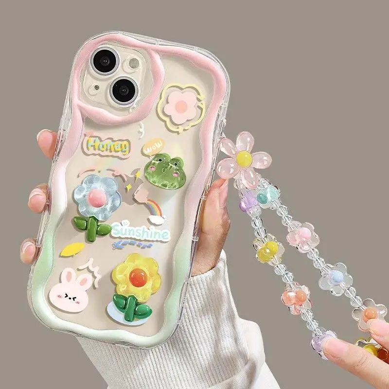 3D Rabbit Flower Hang Wrist Chain Strap Phone Case for IPhone 16 15 12 11 Pro Max 14 Plus 13 Mini X XS XR 7 8 Plus SE Cover