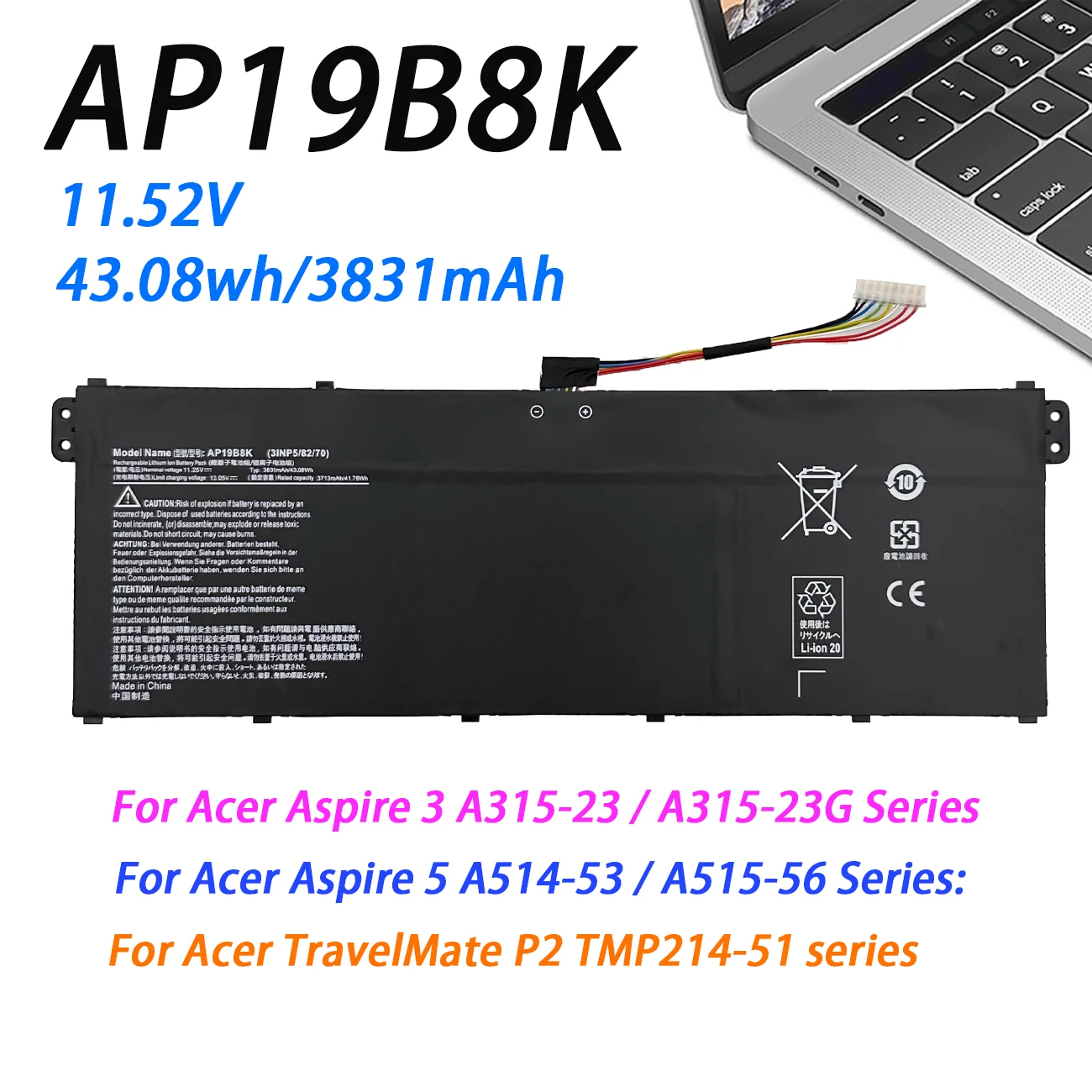 Batería para Portátil AP19B8K para ACER Aspire A314 A315 A317 A315-23 A315-58 A317-52 A317-53 Series 11.25V 3831mAh