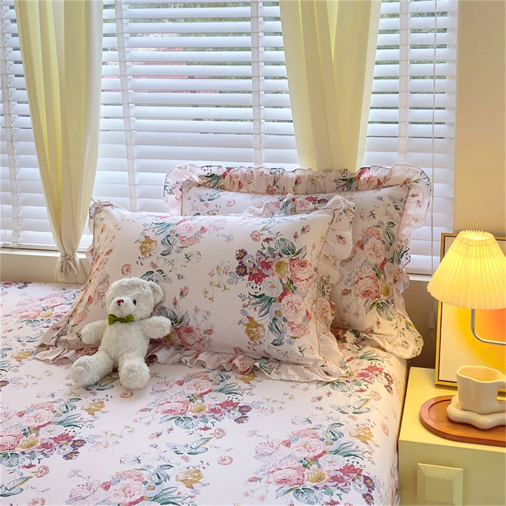 100% Cotton Pillowcase Flower Printed A Pair of Pillowcases Korean Pillow Cover with Ruffles Soft Comforter 48*74cm Pillowcase ﻿