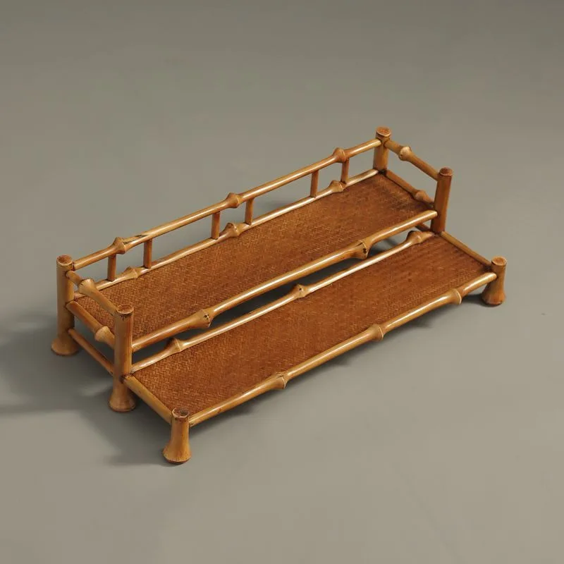 Large lacquer bamboo double-layer teacup holder, handmade bamboo Zen tea ceremony accessories, tea set storage display stand