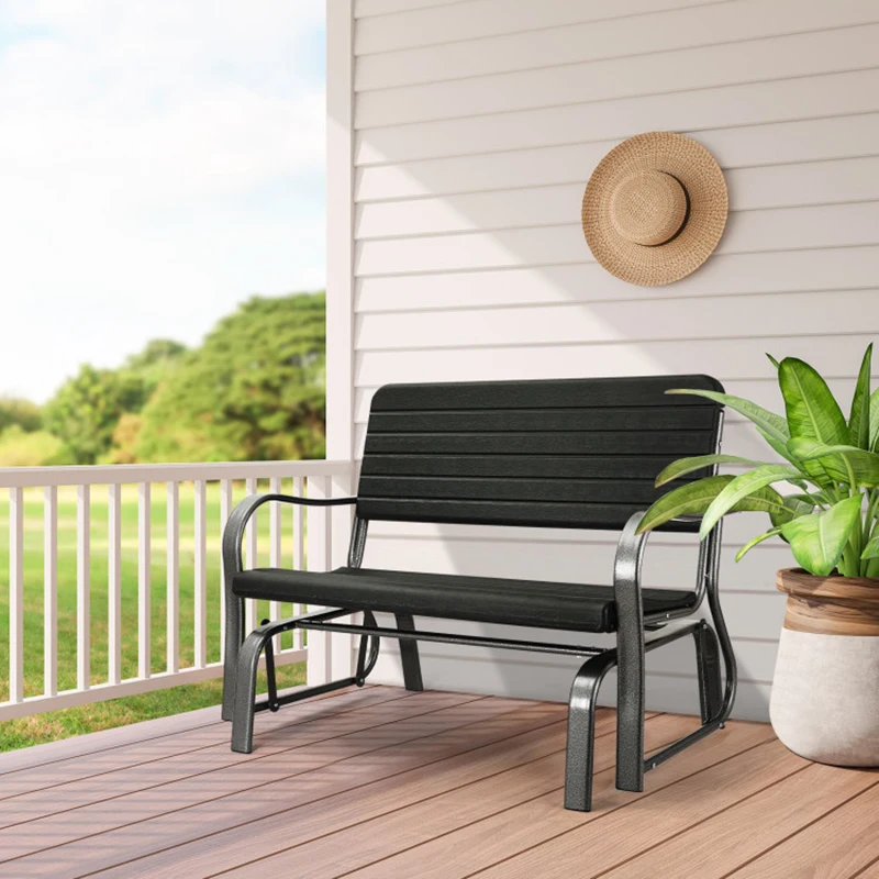 2-Seat Porch Glider with HDPE Back Seat and Steel Frame-Black Comfortable Ergonomic Design Outdoor Furniture Patio Benches