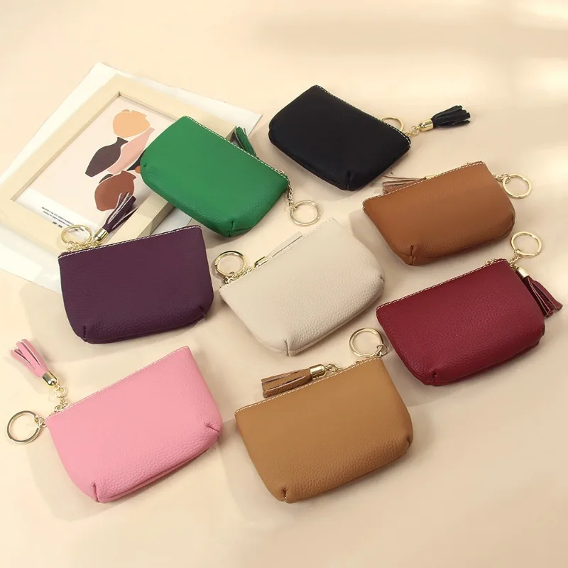 

New style mini coin purse, simple solid color zipper, small purse, key chain, leather coin coin pocket