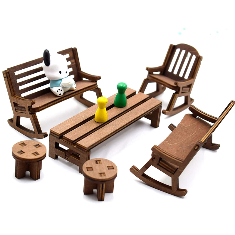 1/12 Dollhouse Mini Table Chair Dolls House Rocking Chair Dollhouse Garden Furniture Accessories For Kids Pretend Play Toy