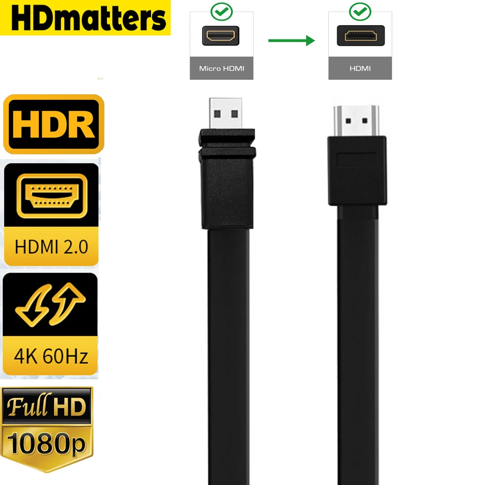 قصير مسطح مايكرو HDMI إلى HDMI 2.0 كابل 4K 60Hz HDR CEC HDMI إلى نوع D مايكرو HDMI كابل ل GoPro بطل 7/6/5 لينوفو اليوغا 700/710