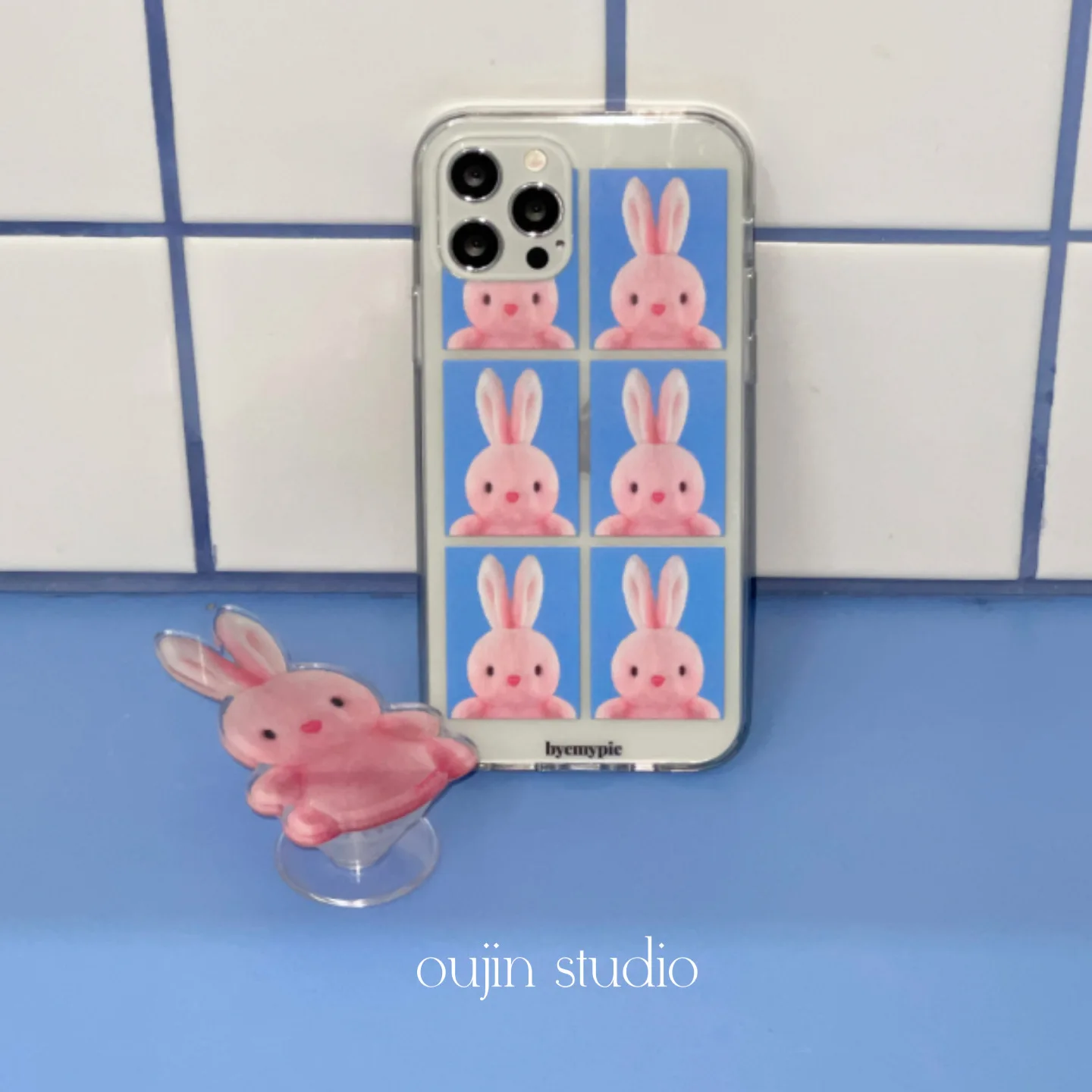 Korean ins blogger\'s same cute cartoon girl pink bunny suitable for 16pro/14promax/13/12/11 mobile phone case transparent so