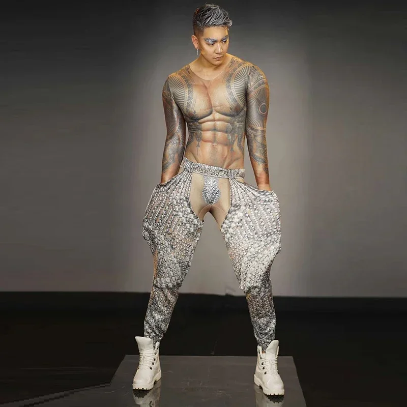 Sexy nude man tattoo Muscle print jumpsuit suit fur coat nightclub singer dancer stage costume rave festival performance outfit