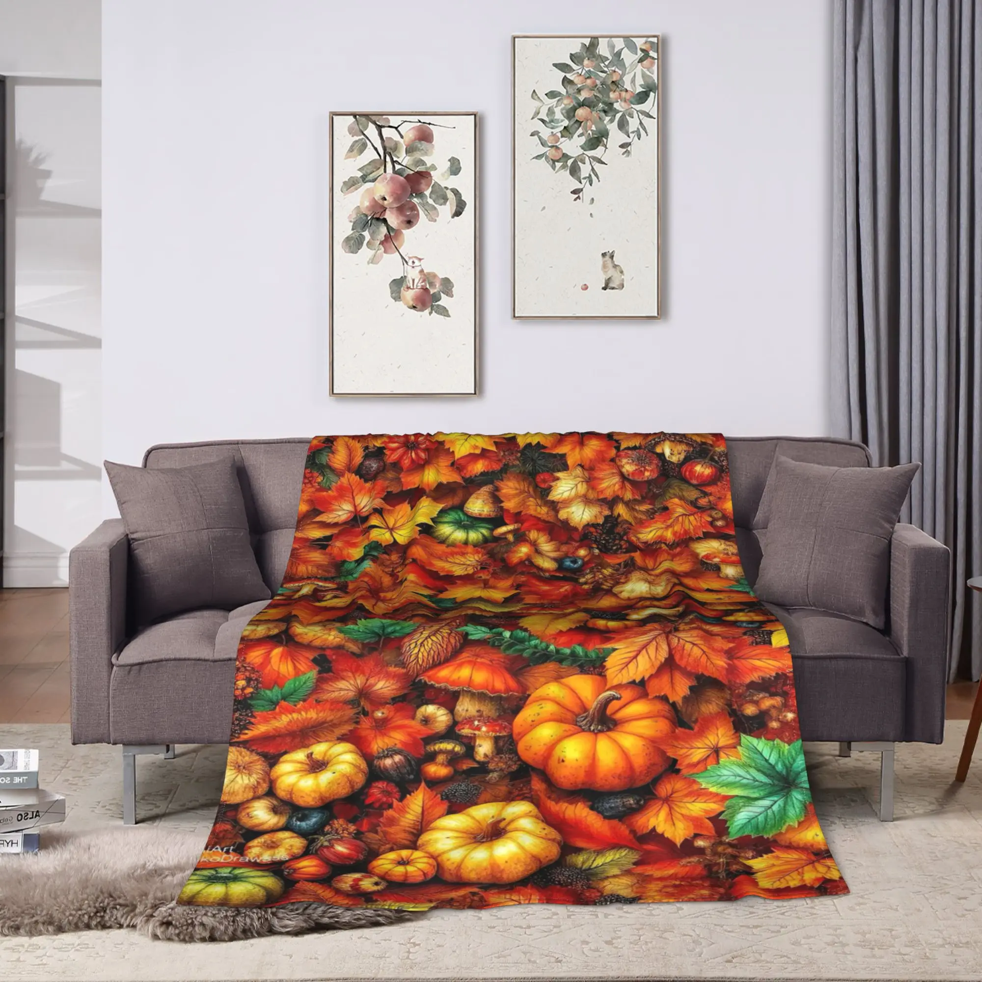 Soft Blanket Picnic Pumpkin Fall Foliage Bedding Throws  Flannel Bedspread For Home Decor Comfortable Sofa Bed Cover