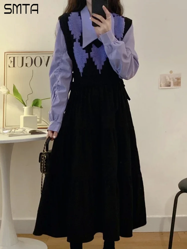 

Vintage Maxi Dresses Women Elegant Loose Fake Two-piece Patchwork Polo Collar Knitted Sweater Dress Korea Winter 2024 Thin Warm