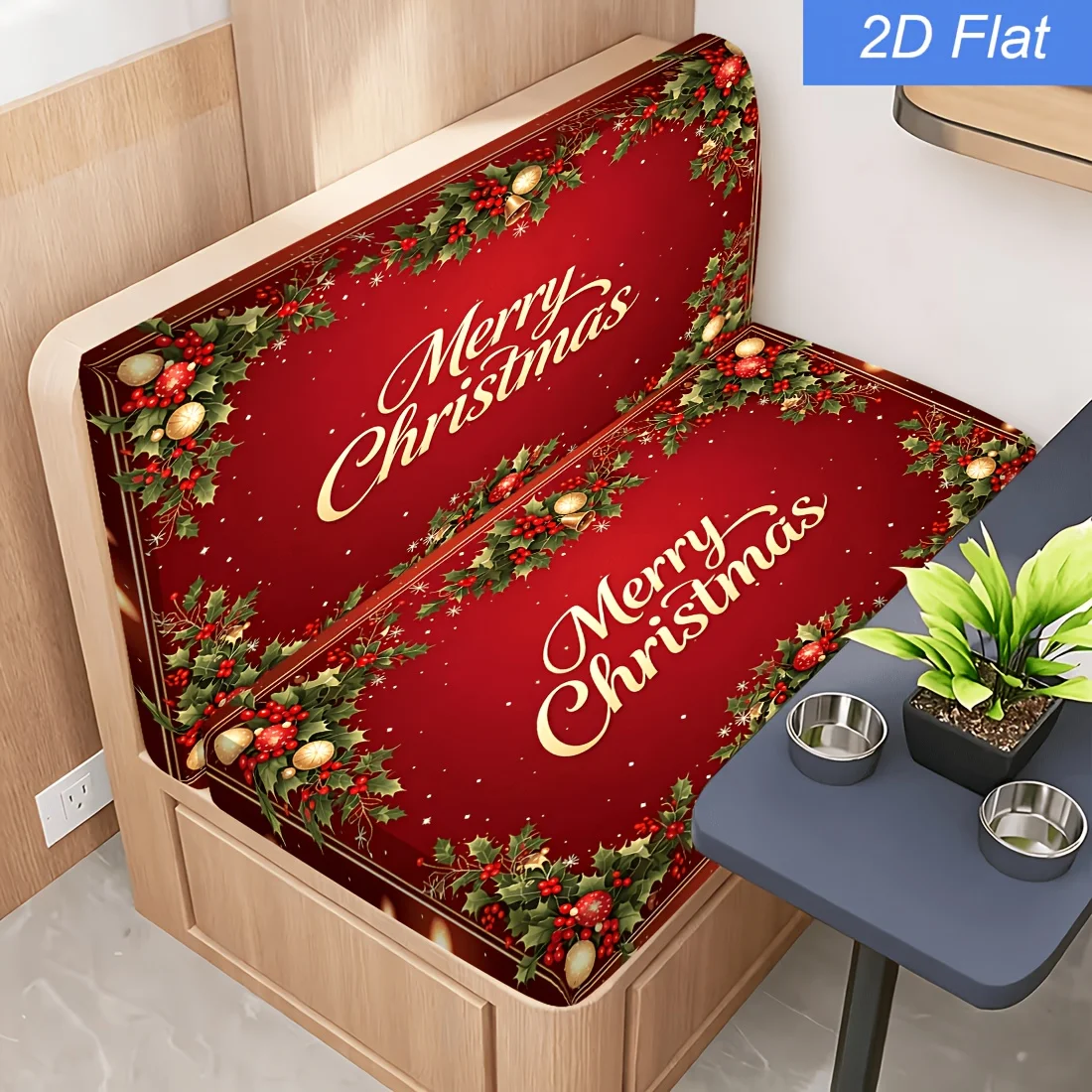 2pcs Christmas light wine red gold-plated holly bell pattern elastic caravan sofa cover, used for decorating camping vehicles