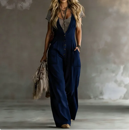 Jumpsuit Women 2026 Spring Summer New Solid Color V-Neck Sleeveless Pocket Design Streetwear Casual Loose Wide Leg Jumpsuit