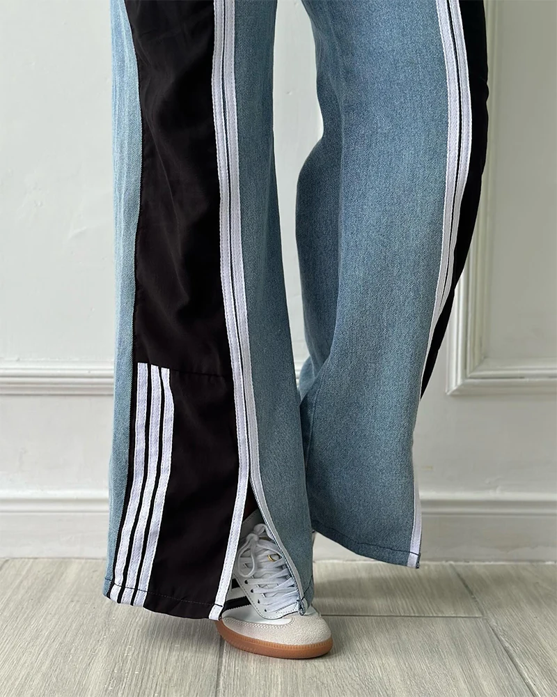 Vintage Side Stripe Baggy Jeans Woman High Waist Splicing Straight Loose Wide Leg Denim Trousers Streetwear Cargo Pants Y2k