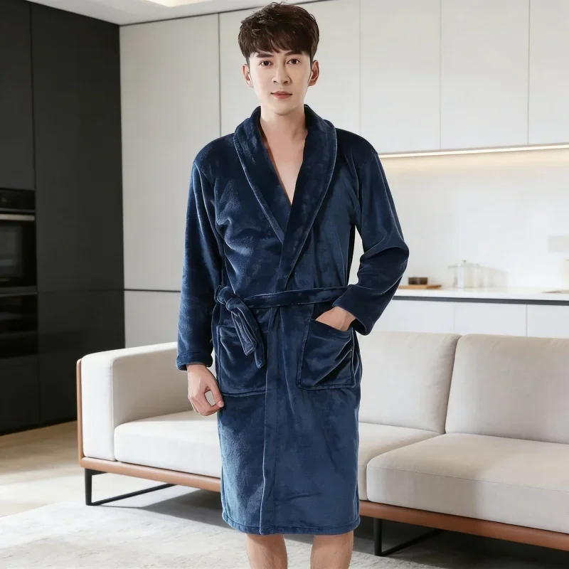 Albornoz de invierno para hombre, cinturón ajustable con cordones, albornoz cálido y absorbente de agua, ropa de casa para uso diario, ropa cómoda para hombre