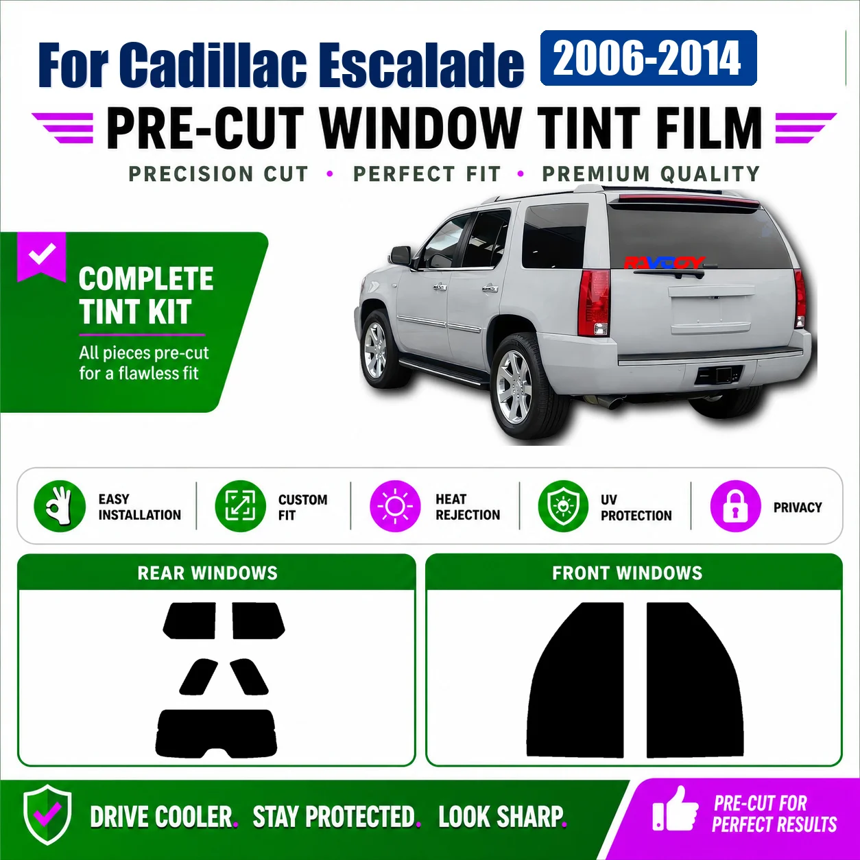For Cadillac Escalade 2006-2014 Premium Full Set Window Privacy Tint Film Removable Reusable Film