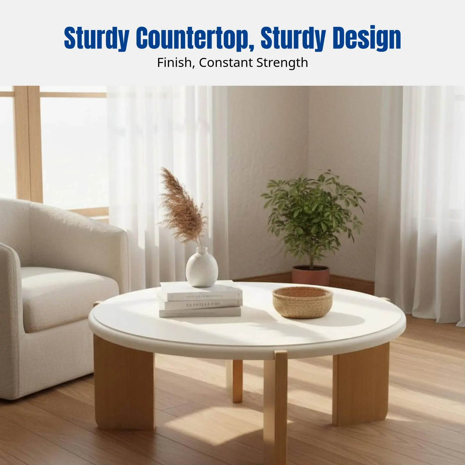 

Hardwood Minimalist Coffee Table, Cream Finish, Japanese Round Table, Small Apartment, Living Room