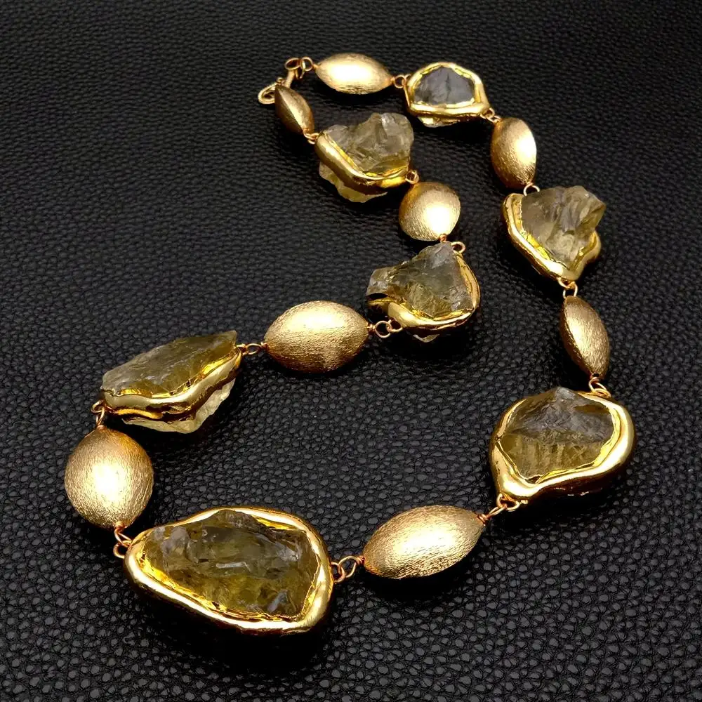 YYGEM Natural 28x35mm Lemon Quartz Rough Raw Necklace 19x25mm Gold Plated Brushed Bead Yellow Gemstone Semi Precious
