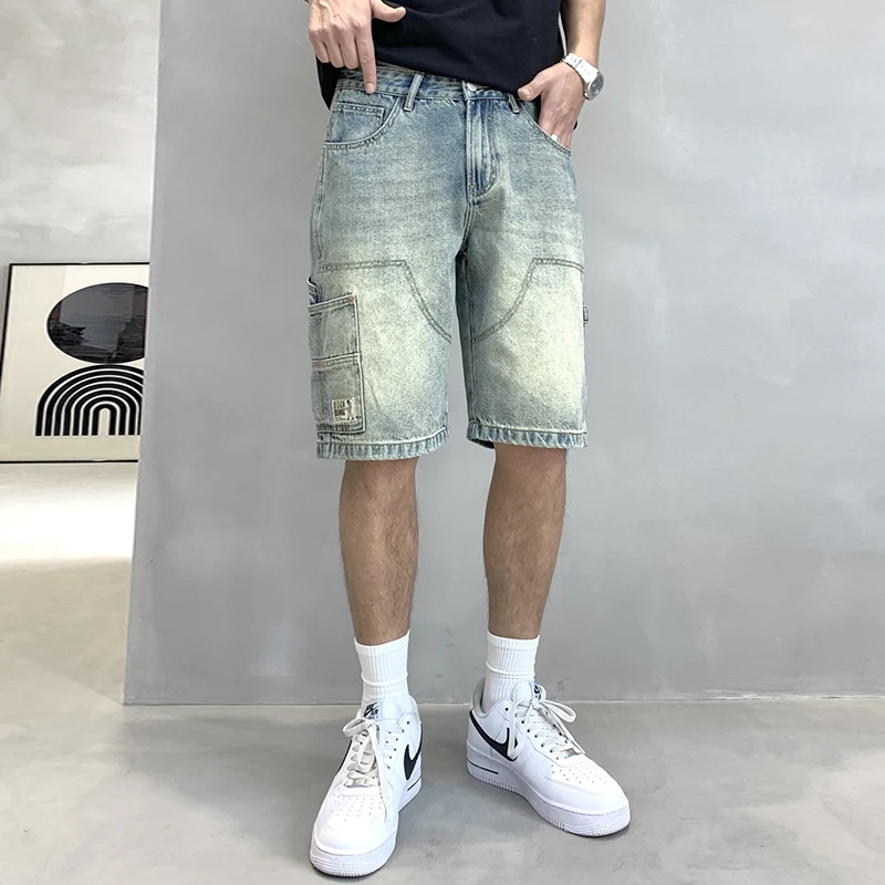 Tooling Style Denim Shorts Men's Summer Loose Straight Retro High-End Trendy Fashion Joker Casual Distressed Cropped Pants