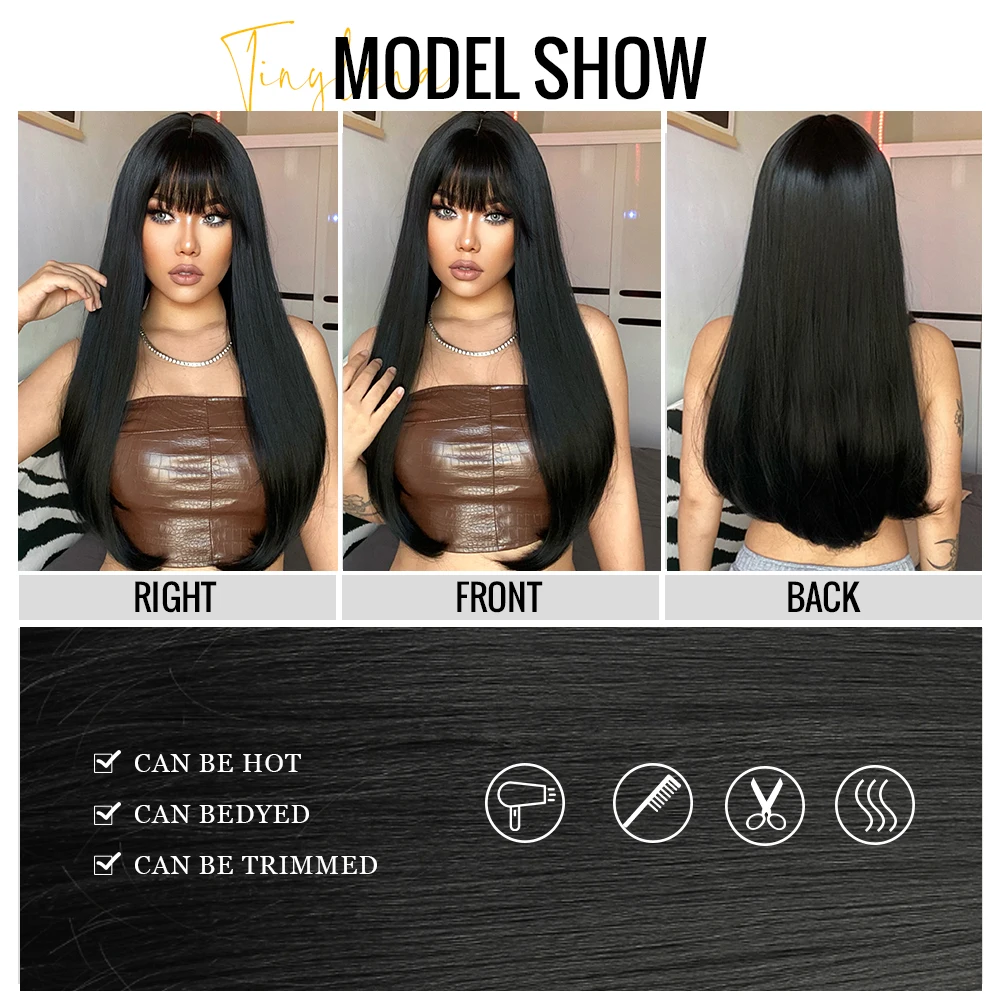 Natural Black Long Straight Synthetic Hair Wigs with Bangs for White Women Afro Cosplay Party Daily Hair Heat Resistant Fiber