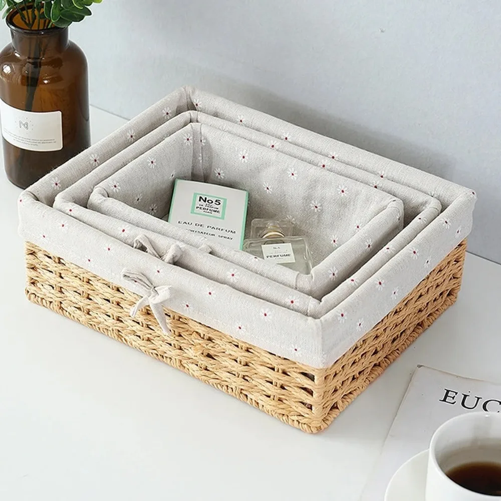 Handwoven Storage Baskets Sundries Organizer with Lid Rectangular Cosmetics Box Clothes Laundry Basket Towel Toys Container