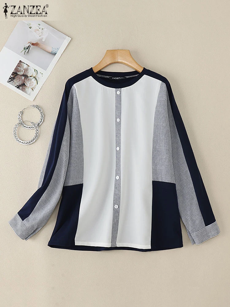 ZANZEA بلوزات نسائية ملابس الشارع موضة كورية رقبة دائرية بلوحات مخططة قمصان طويلة الأكمام كتلة ألوان مرقعة بلوزات خريف 2024