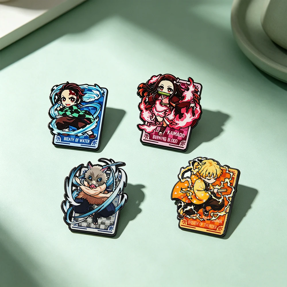 4pcs Demon Slayer Anime Enamel Pins Set, Tanjiro Nezuko Inosuke Zenitsu Cartoon Metal Brooches Cute Anime Character Lapel Pins