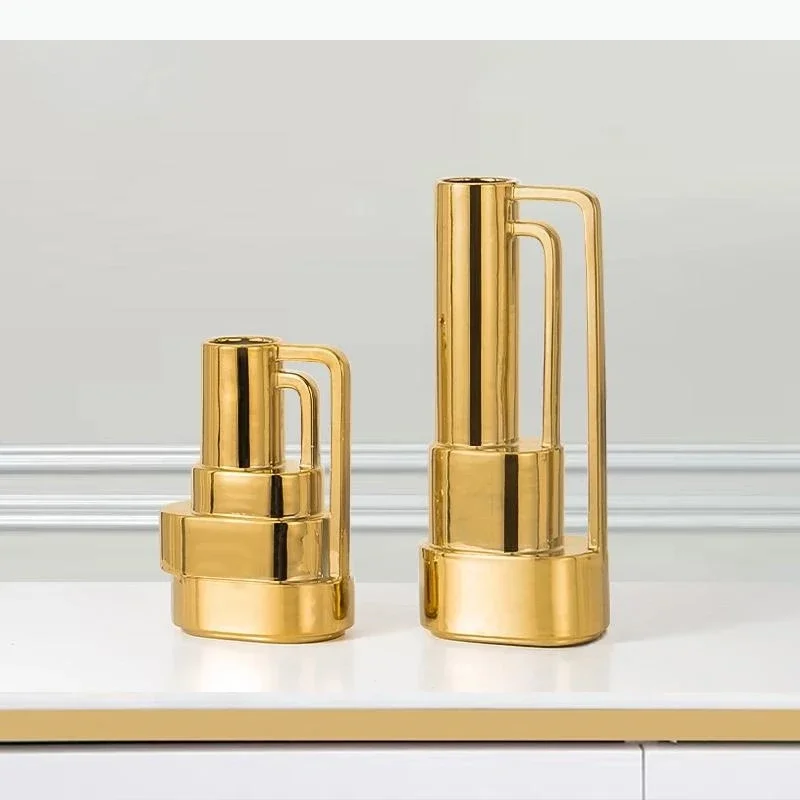 Gold Ceramic Vase Geometrically Stacked Staircases Lamination Flower Vase Floral Arrangement Accessories Home Decoration