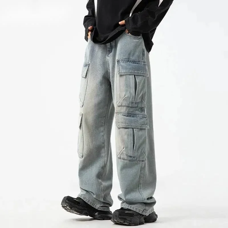

Niche Design Men Cargo Jeans Solid Color Washed Multi Pockets Casual Denim Pants All-match Straight Leg Male Bottom 9X9AFB