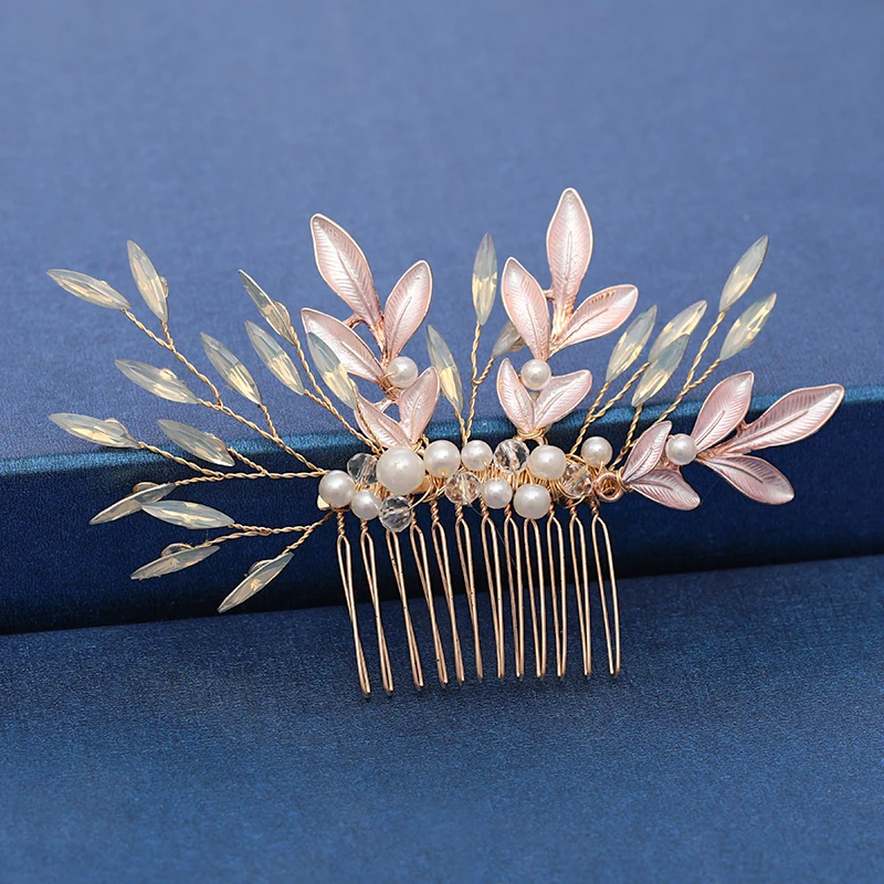 

Trendy Gold Pearl Comb Handmade Crystal Leaf Hair Combs Wedding Hair Accessories Tiaras Bridal Women Hair Jewelry Head Ornaments