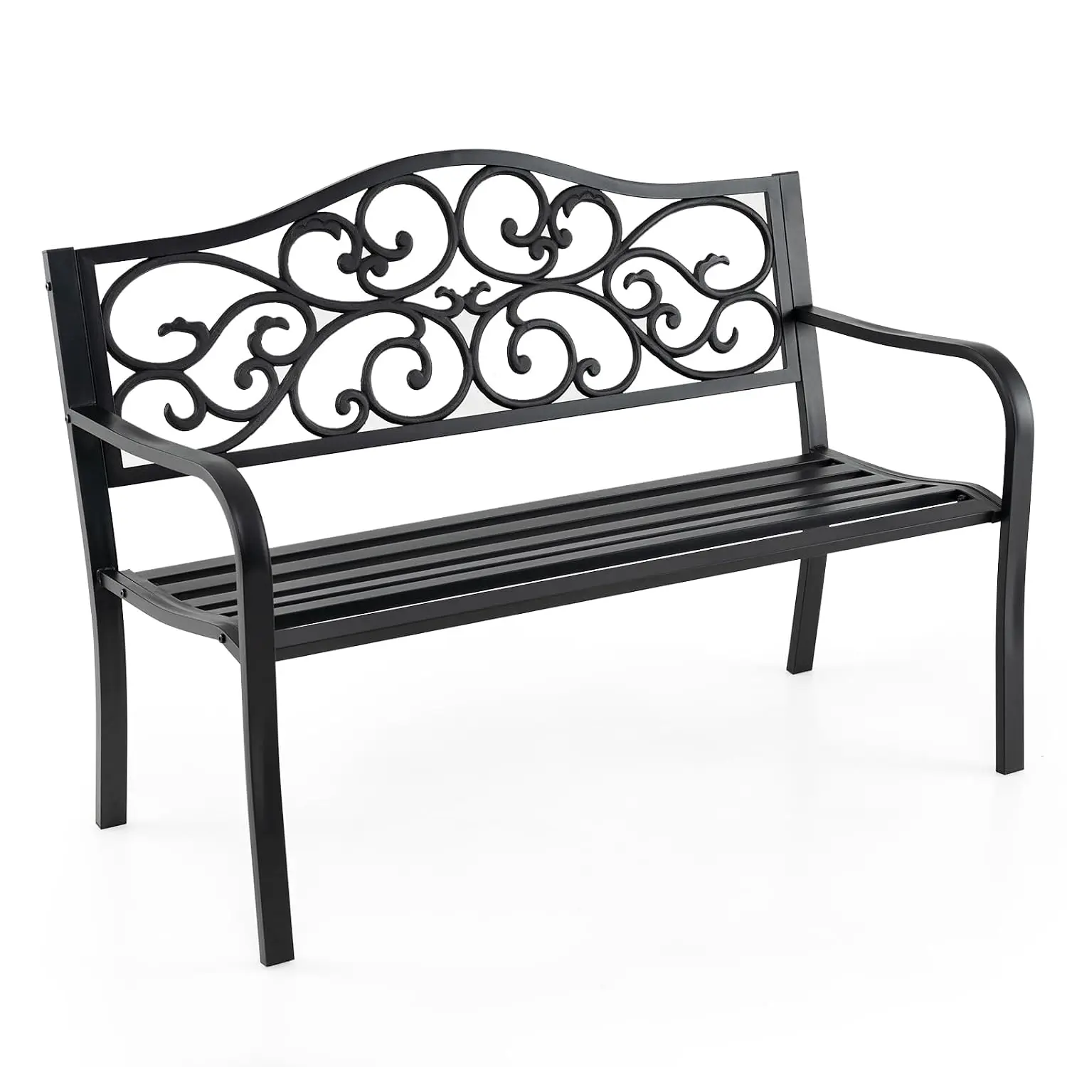 Outdoor Garden Park Bench 50 Inches Cast Iron Metal Floral Backrest Armrests Slatted Seat Porch Lawn Yard, Customized