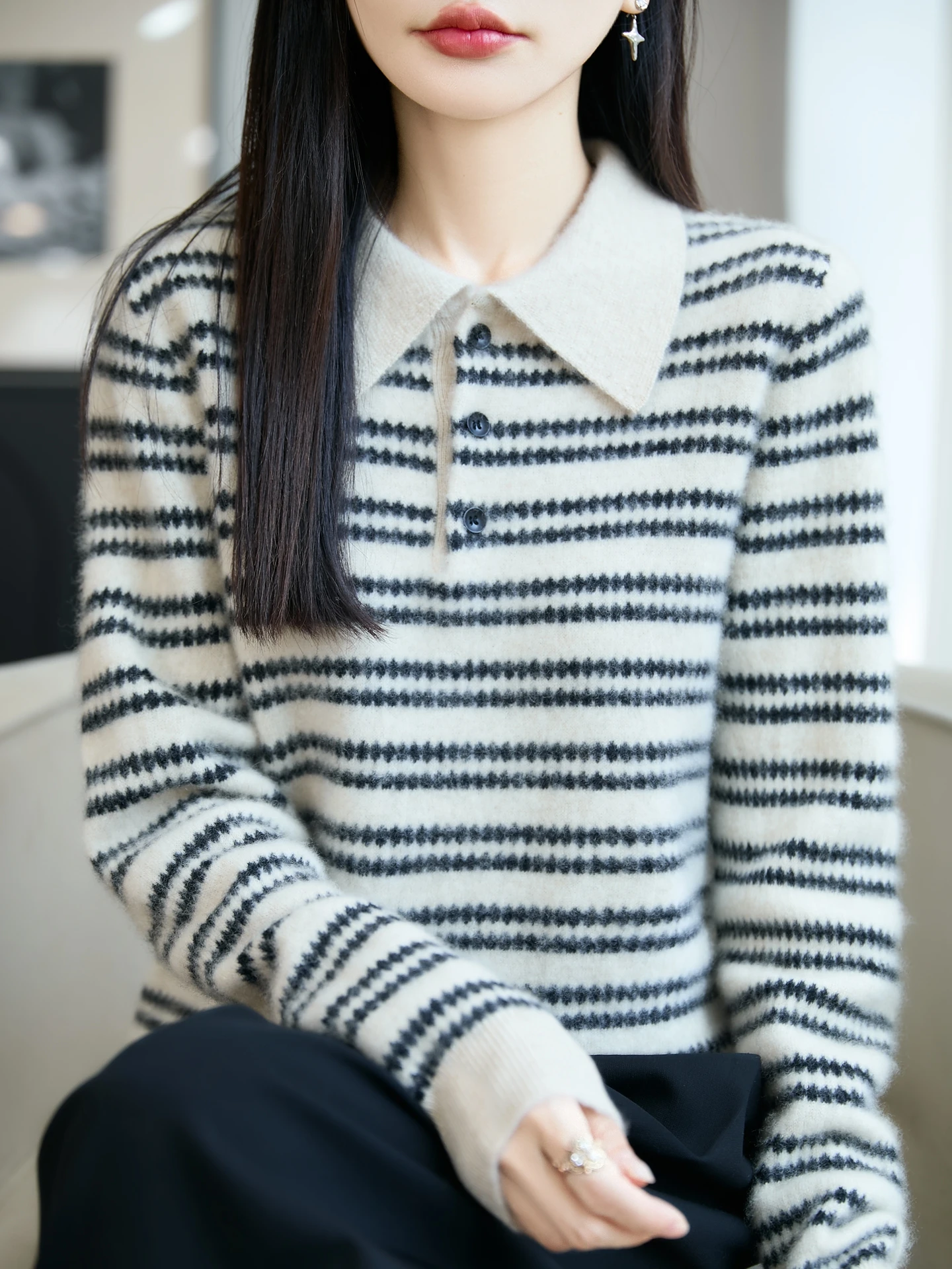 100% Merino Wool Women's Polo Collar Striped Button-Up Base Layer Autumn and Winter Loose Casual Fashion Cashmere Knit