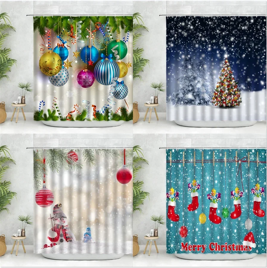 Merry Christmas Shower Curtain Xmas Tree Plant Sock Snowman Winter Festival Christmas Deco Ball Wall Cloth Bathroom Curtains Set