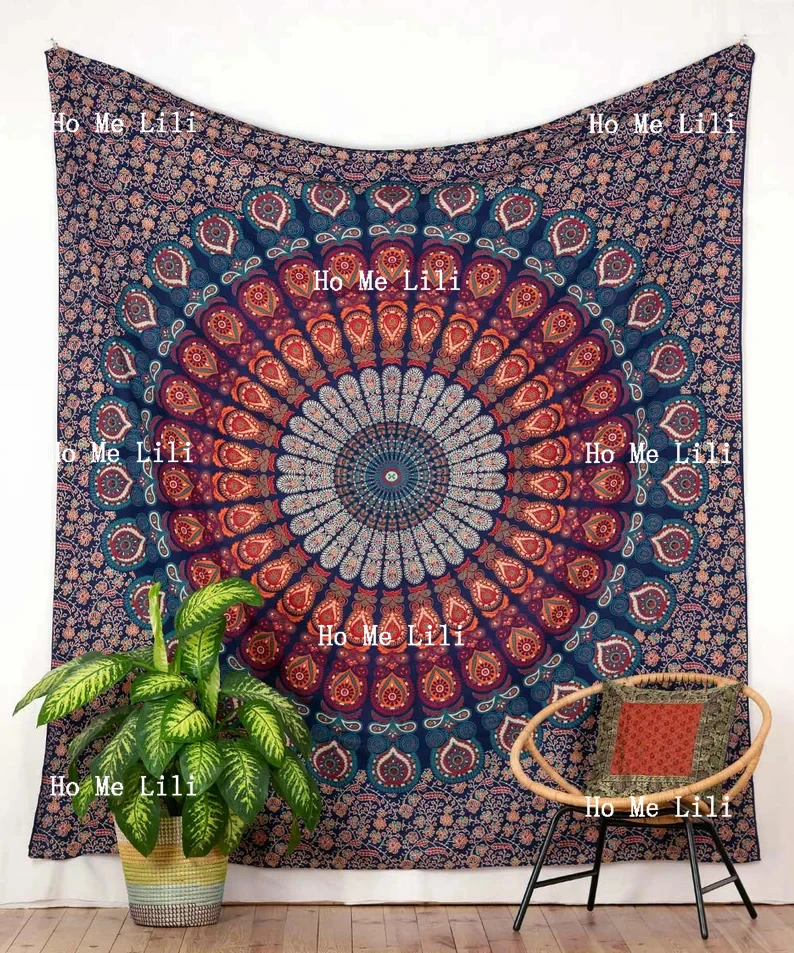 Mandala Tapestry Wallhanging In Blue Orange And Turquoise Boho Walldecor Peacock Design