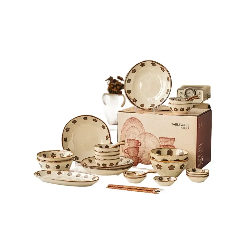 Brown Flower Ceramic Tableware Gift Box  Housewarming New Home Gift Medieval Style Dinnerware Set