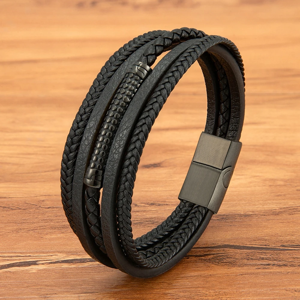 XQNI Luxury Bracelets for Men Women Stainless Steel Multi-Layer Leather Rope Wrap Couples Bangles Fashion Charm Jewelry Gift