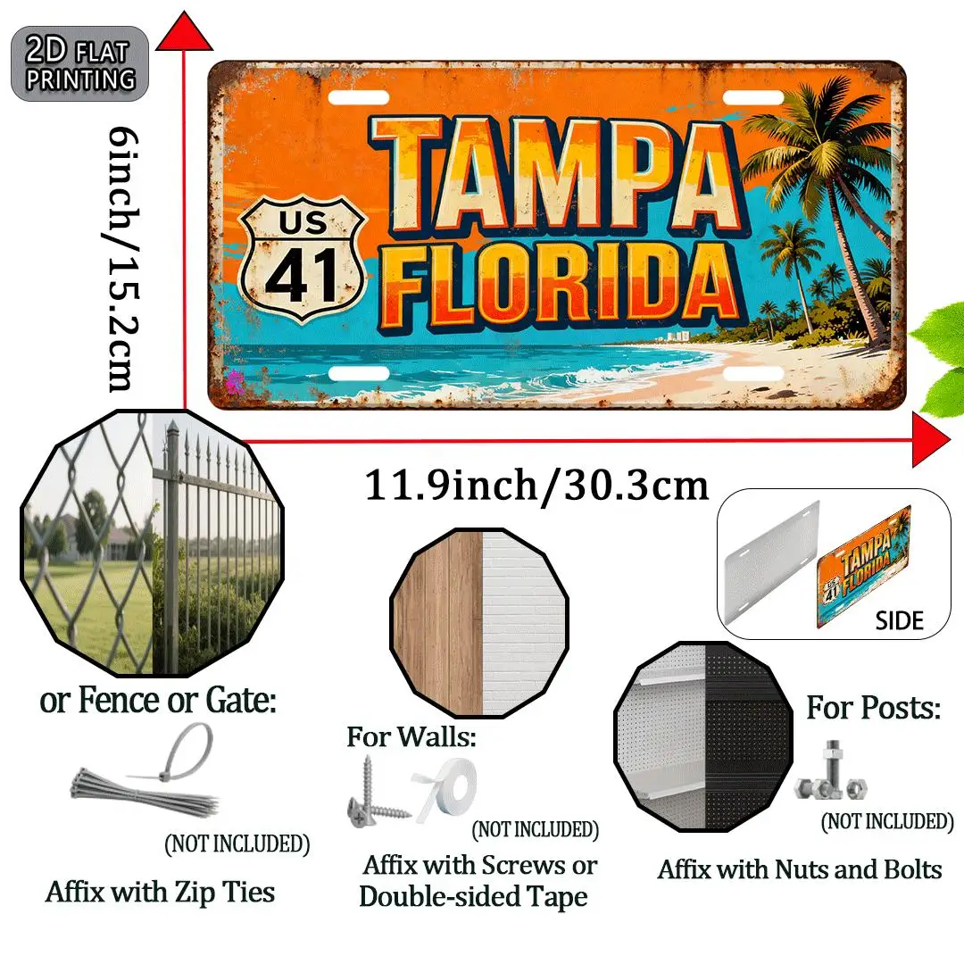 2D Flat, 1pc Tampa Florida Vintage Metal Wall Art Sign - 30.48x15.24 cm Retro Route 41 -19 Highway License Plate Design with Pal