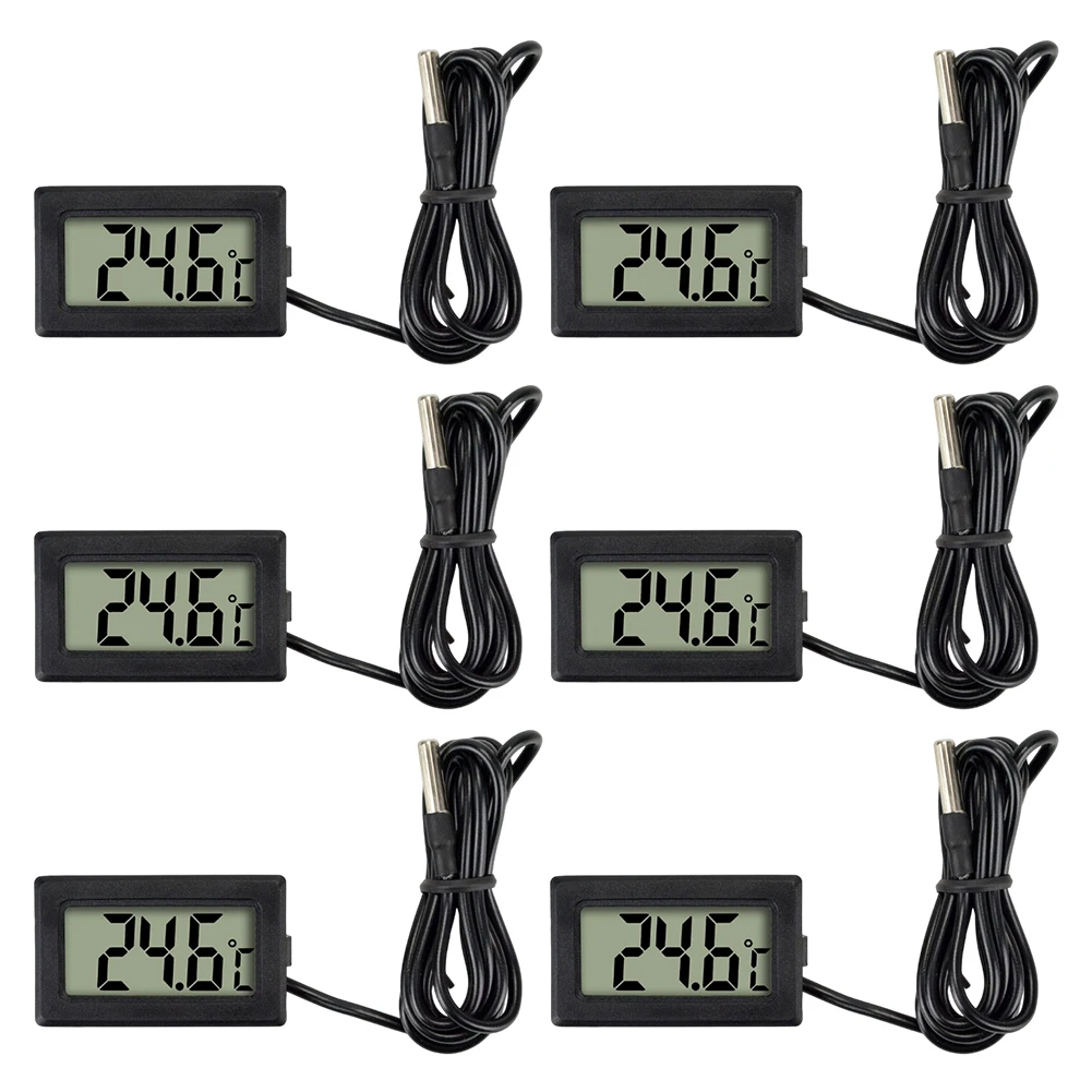 เทอร์โมมิเตอร์ดิจิตอล 6 ชิ้นพร้อมเซ็นเซอร์ภายนอกสำหรับตู้แช่แข็งตู้แช่แข็งตู้เก็บไวน์ในร่มกลางแจ้ง-50 ถึง 110 ° ซี