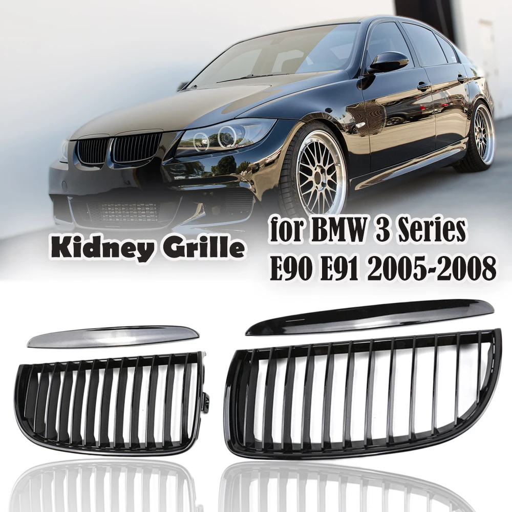 2 PCS Car Front Kidney Grille Hood Grills Gloss Black Single Line 1 Slat for BMW E90 323I 328I 335I 330I 325I 3-Series 2005-2008