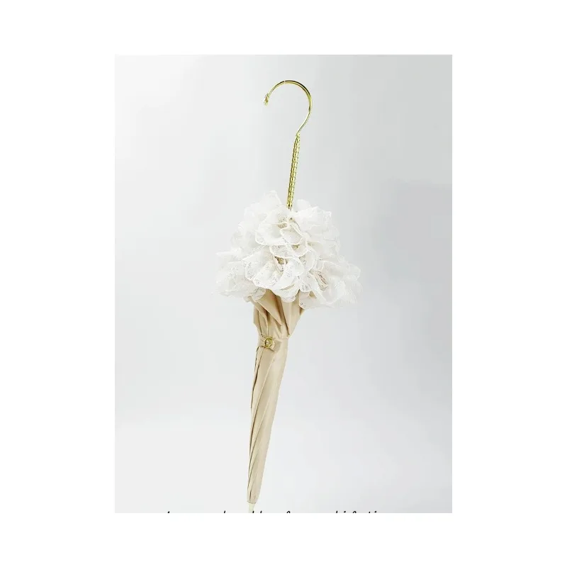 White lace-trimmed vintage double-layer sun and rain umbrella, long-handle palace light luxury princess umbrella