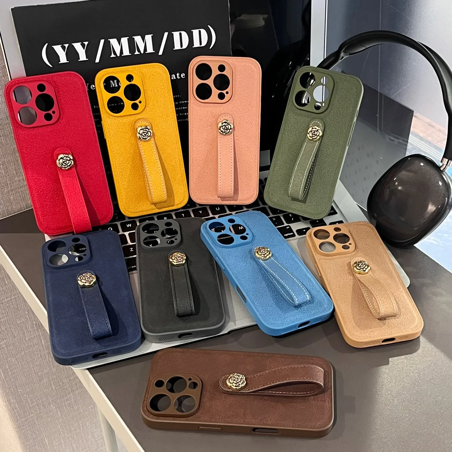 

Camellia Flower Leather Wrsit Chain Rock Pattern Phone Case For iPhone 16Promax 15 14 13 12 11 Pro Max Shockproof Cover Women