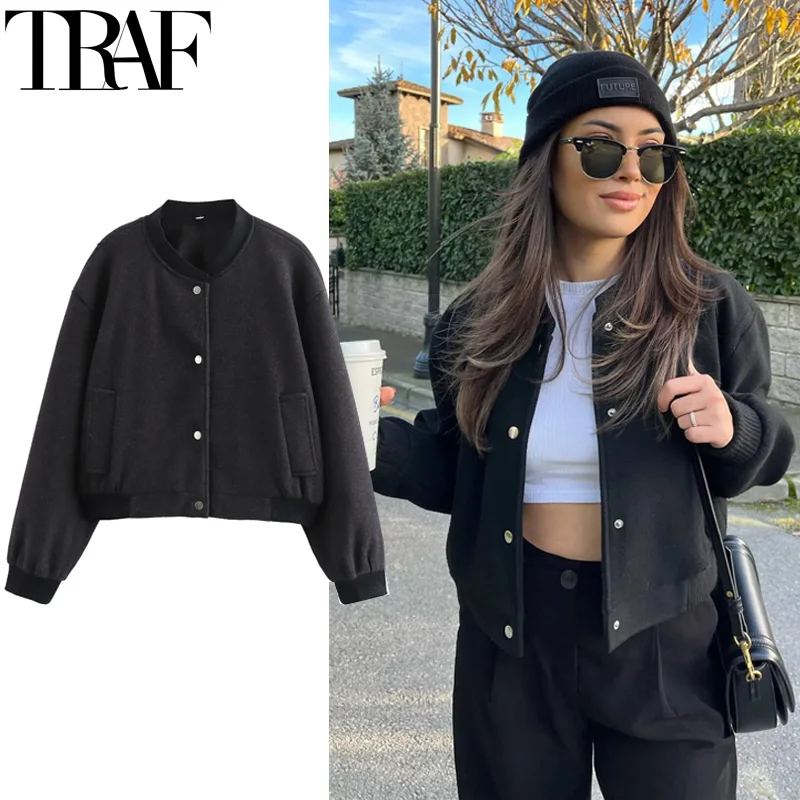 TRAF Women's Jackets Outerwears Black Bomber Jacket Women Cropped Faux Wool Coats For Woman Autumn Long Sleeve Winter Coat