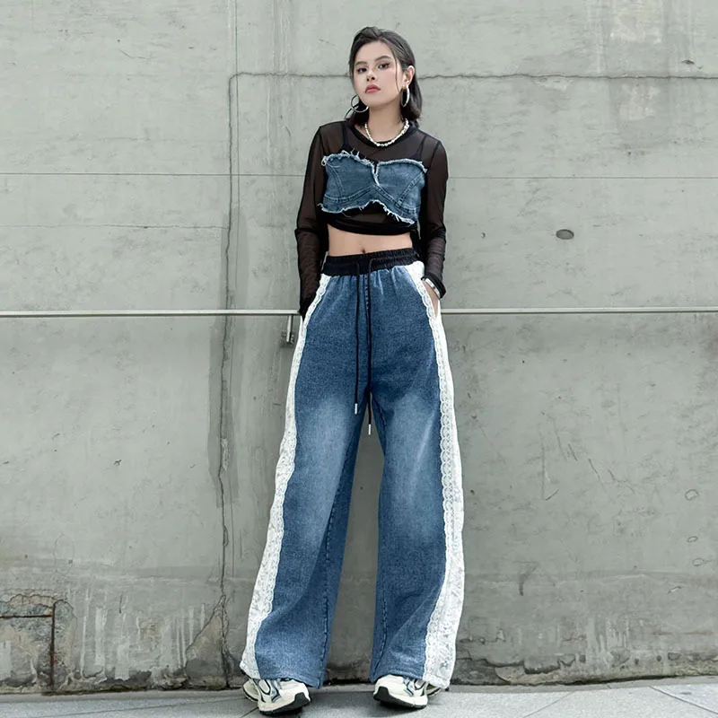 

Women Lace Spliced Jeans Denim Trousers Wide Leg Pants Full Lenth Drawstring Waist Loose Fit Y2k Streetwear Casual 2025 Summer