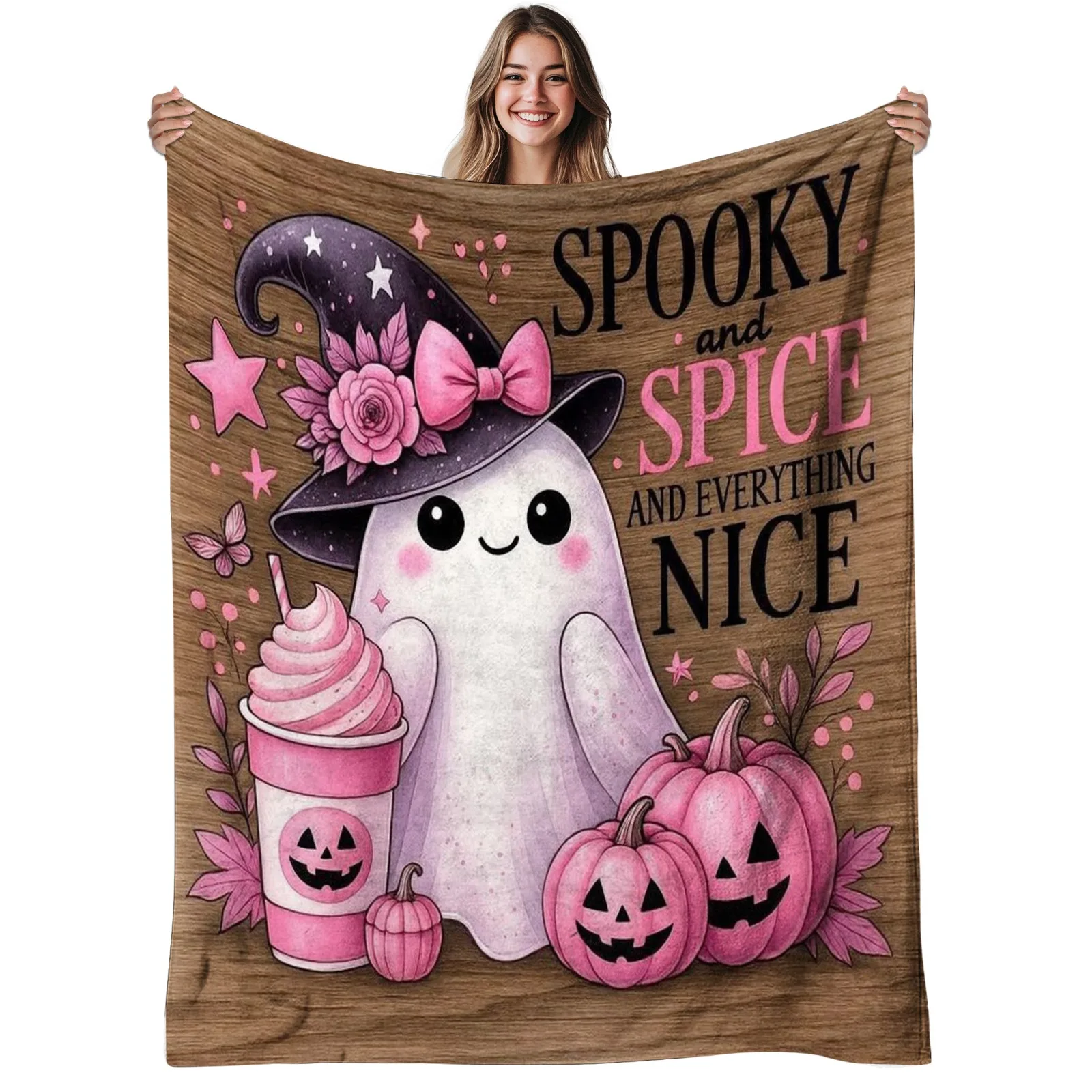 1pc Cute & Pink Pumpkin Flannel Blanket - Soft Warm 280gsm All-Season Cozy Throw with Spooky Halloween & Fall Decor, Contemporary Bedspread for Sofa, Bed, Living Room - Machine Washable, Pastel Pink & Brown Design, 
