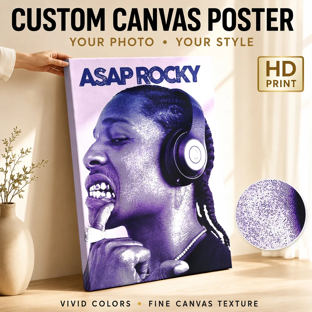 Rapper Listening Through Headphones Framed Canvas Print Personalized Photo Purple Duotone Illustration Wall Art For Urban Loft