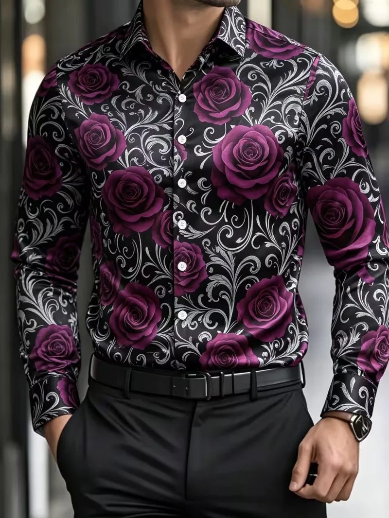 New Black Purple Rose Silver Curly Grass Baroque 3D Printed Long Sleeve Shirt Luxury Romantic Men's Shirt