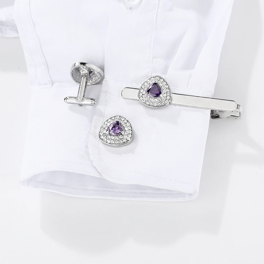 Novelty Luxury Purple White Zircon Triangle Cufflink Tie Clip Set With Full Crystal Paved Nice Gift For Men Boy