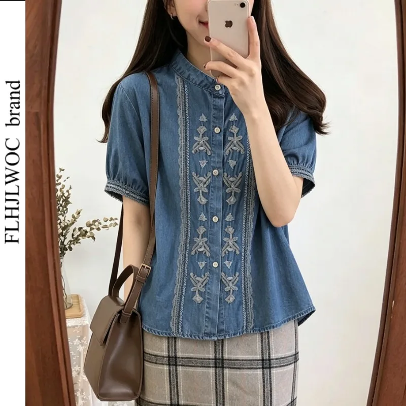

Retro Vintage Casual Top Blouse Chinese Style Comfortable Thin Holiday Vacation Stand Collar Embroidery Button Denim Color Shirt