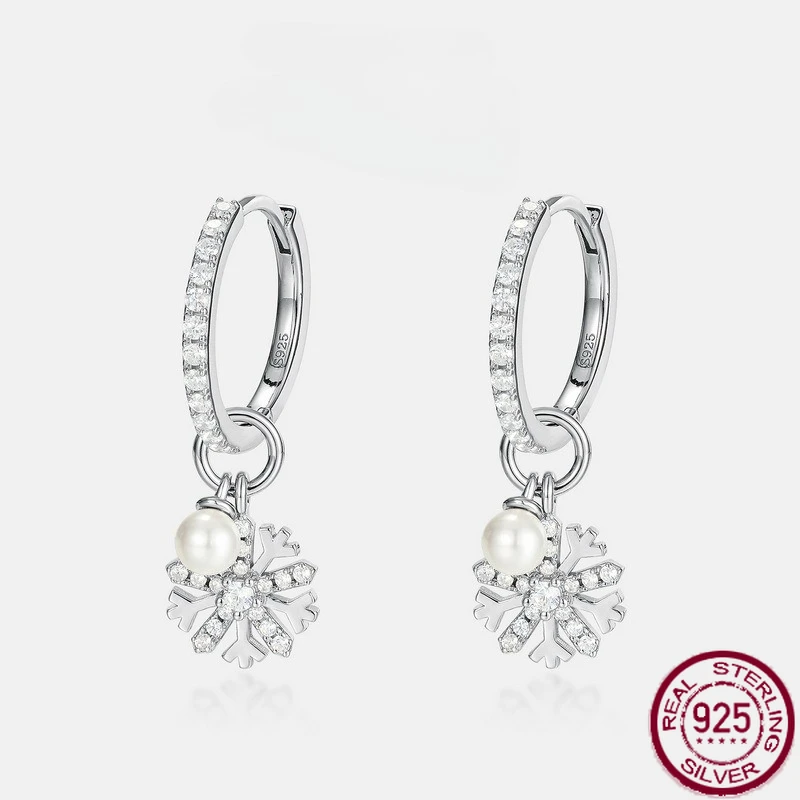 

New S925 pure silver snowflake shell beads inlaid with white zirconium earrings, simple and fashionable style, wedding jewelry