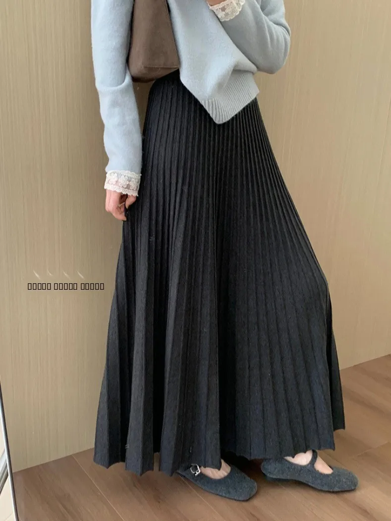 

Женская повседневная юбка с высокой талией, утолщенная, вязаная, плиссированная, в корейском стиле, весна-осень, А-силуэт