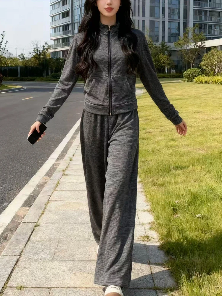 

Fashionable Korean Sportswear Set Women's Casual Slim Fit Hoodie High Waist Wide Leg Pants Two Piece Spring Leisure Outfit